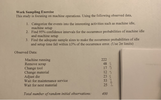 Work Sampling Exercise This study is focusing on machine operations. Using the following observed data, machine setup 2 rna ashinon fdemels fer h ihine idle Find the adequate sample sizes to make the occurrence probabilities of idle and setup time fall within ±3% of the occurrence error. (Use 2σ limits) 3. Observed Data: Machine running Remove scrap Change tool Change material Adjust die Wait for maintenance service Wait for next material 48 S 17 5 12 5 23 S 53 I 25工 Total number of random initial observations: 400