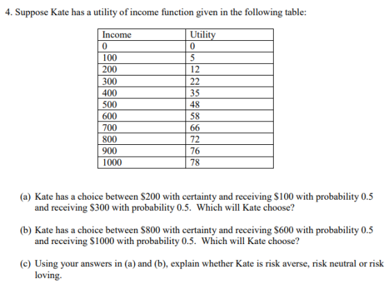 4. Suppose Kate has a utility of income function given in the following table Utilit 0 Income 0 100 200 300 400 500 600 700 800 900 1000 12 35 48 58 72 76 78 (a) Kate has a choice between $200 with certainty and receiving $100 with probability 0.5 and receiving $300 with probability 0.5. Which will Kate choose? (b) Kate has a choice between $800 with certainty and receiving $600 with probability 0.5 and receiving $1000 with probability 0.5. Which will Kate choose? (c) Using your answers in (a) and (b), explain whether Kate is risk averse, risk neutral or risk loving