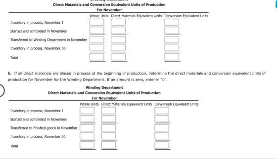 Direct Materials and Conversion Equivalent Units of Production For November Whole Units Direct Materials Equivalent Units Con