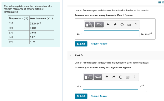HIR The following data show the rate constant of a reaction measured at several different temperatures. Use an Arrhenius plot