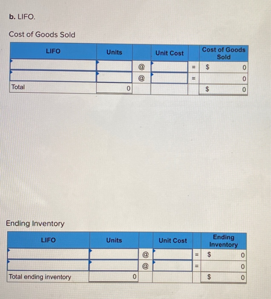 b. LIFO. Cost of Goods Sold LIFO Units Unit Cost Cost of Goods Sold $ Total $ lolo Ending Inventory LIFO Units Unit Cost Endi