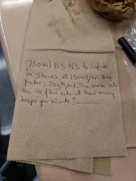 Somlos Ns to infuse In Shours at Isoml/hr. Drop factor-20gttal. The nurse sets the v flow rate at how many drops per minute ?