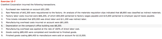 Exercise 15-7 Crawford Corporation incurred the following transactions. 1. Purchased raw materials on account $51,000. 2. Raw