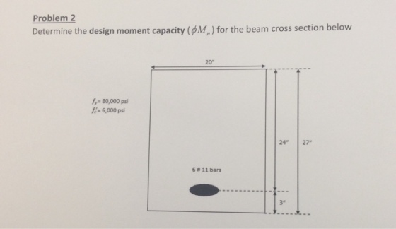 Problem 2 Determine the design moment capacity (фМ.) for the beam cross section below 20° fy-80,000 psi f 6,000 psi 24 27 6 # 11 bars 3