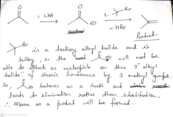 tor 2, 1. LDA Br teetsey alkyl halide so the - HBr Product > is alkyl halide and is bulky will not be able to attack nucleoph