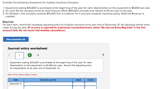 Consider the following transactions for Huskies Insurance Company: 1. Equipment costing $33,600 is purchased at the beginning