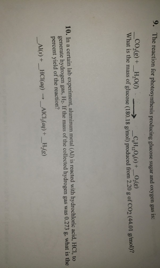 y. The reaction for photosynthesis producing glucose sugar and oxygen sa _CO2(g) + _H2O()- CH,206(S) + _ 02(8) What is the ma