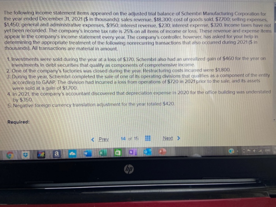 The following income statement items appeared on the adjusted trial balance of Schembri Manufacturing Corporation for the yea