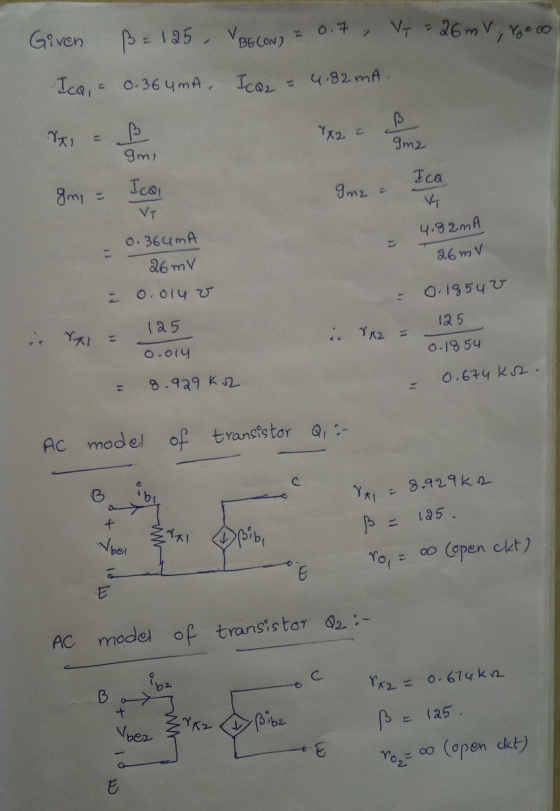 Given Br 125 V BECOND = 0.7, V = 26 mV, rocco IcQ = 0.36 4mA. Icon = 4.82 mA. Na, Imi gmi = Ica Ime ² Ical T VT 4.82mA 26mv 0