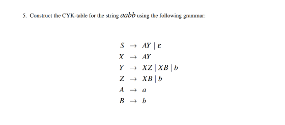 5. Construct the CYK-table for the string aabb using the following grammar: S X Y Z A B + AY | 8 + AY + XZ|XB| b + XB | b → a