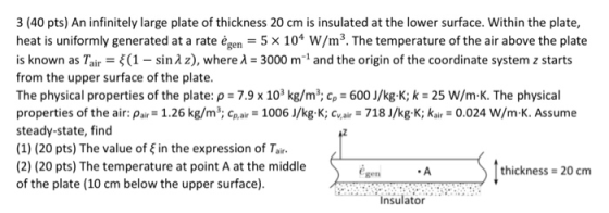 3 (40 pts) An infinitely large plate of thickness 20 cm is insulated at the lower surface. Within the plate, heat is uniforml