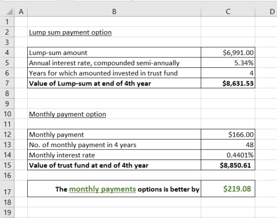 А В С 1 Lump sum payment option 2 3 Lump-sum amount Annual interest rate, compounded semi-annually Years for which amounted i