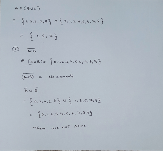 An CBuc (AUB)= {o,1,2,3,4,5, 1 ,a, s, 93 CAu6)No element, AUG o,!,2,3,4,S,6,7,3,9 these ave not ame.