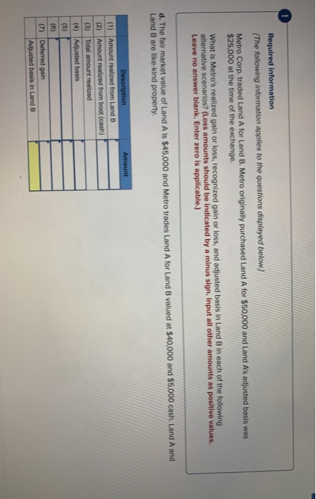 Required information [The following information applies to the questions displayed below) Metro Corp. traded Land A for Land