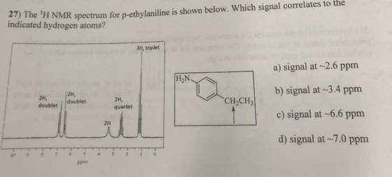 27) The H NMR spectrum for p-ethylaniline is shown below. Which signal correlates to the indicated hydrogen atoms? 3H, tripl