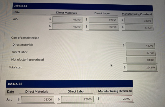 Job No. 51 Date Direct Materials Direct Labor Manufacturing Overhead Jan. 43290 27750 $ $ 43290 33300 33300 27750 $ Cost of c