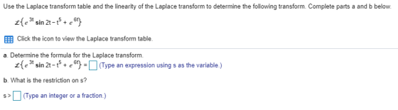 Use the Laplace transform table and the linearity of the Laplace transform to determine the following transform. Complete par