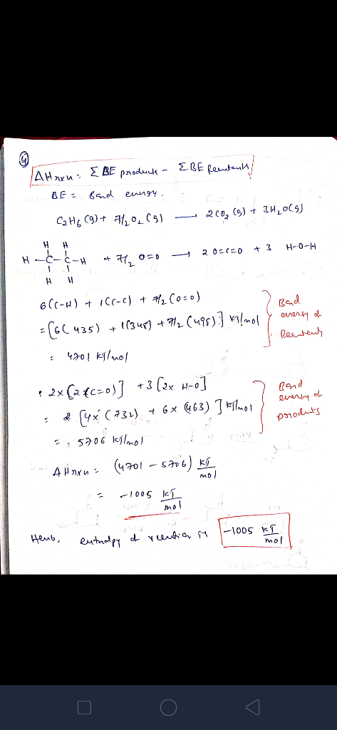 A Hyu: E BE predua - EBE femteul BE = Band enngy. C₂H6 (9) + 7/₂0, C1 - 200₂ (9) + 3 H₂O(9) 20CCO + 3 H-O-H H - - + 71 OD Bad