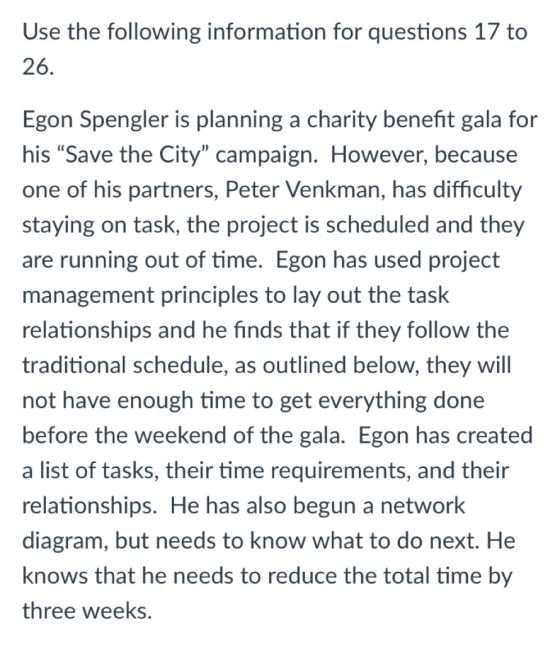 Use the following information for questions 17 to 26 Egon Spengler is planning a charity benefit gala for his Save the City