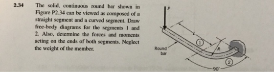 2.34 The solid, continuous round bar shown in Figure P2.34 can be viewed as composed of a straight segment and a curved segment. Draw free-body diagrams for the segments 1 and 2. Also, determine the forces and moments acting on the ends of both segments. Neglect the weight of the member Round bar 2 90