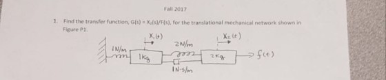 Fall 2017 Find the transfer function, G(s) X.(s)/F(s), for the translational mechanical network shown in Figure P1 1. X, t) 2 N 2Ka IN-5Im