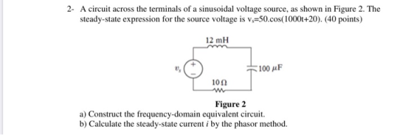 2- A circuit across the terminals of a sinusoidal voltage source, as shown in Figure 2. The steady-state expression for the s