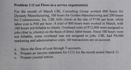 Problem 3 (Cost Flows in a service organization) For the month of March CBL Consulting Group worked 400 hours for Dynasty Manufacturing, 100 hours for Golden Manufacturing and 200 hours for Commissions, Inc. CBL bills clients at the rate of P100 per hour, while labor cost is P40 per hour. A total of 800 hours were worked in March, with 100 hours not billable to clients. Overhead costs of P12,000 were assigned to jobs (that is, clients) on the basis of direct labor-hours. Since 100 hours were not billable, some overhead was not assigned to jobs. CBL had P6,000 marketing and administrative costs. All transactions are on account. a. b. c. Show the flow of cost through T-accounts. Prepare an income statement for CCG for the month ended March 31. Prepare journal entries.