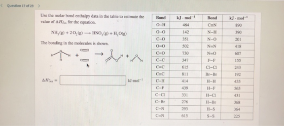 Question 17 of 29 Use the molar bond enthalpy data in the table to estimate the value of AHn for the equation. Bond kJ mol kJ