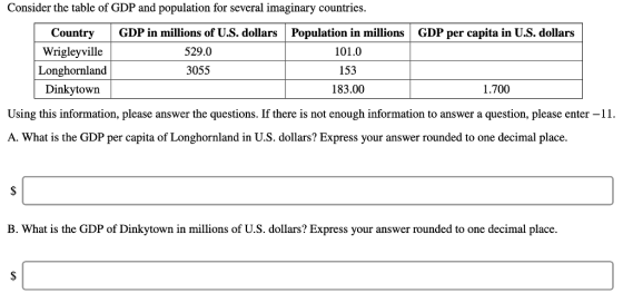 Consider the table of GDP and population for several imaginary countries. Country GDP in millions of U.S. dollars Population in millions GDP per capita in U.S. dollars Wrigleyville 529.0 101.0 153 183.00 Longhornland 3055 Dinkytown 1.700 Using this information, please answer the questions. If there is not enough information to answer a question, please enter-1 A. What is the GDP per capita of Longhornland in U.S. dollars? Express your answer rounded to one decimal place. B. What is the GDP of Dinkytown in millions of U.S. dollars? Express your answer rounded to one decimal place