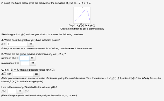(1 point) The figure below gives the behavior of the derivative of g(x) on -2 < x < 2. Graph of g(x) (not g(x)) (Click on th