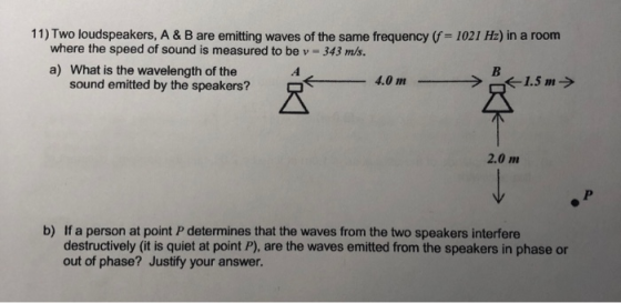 11) Two loudspeakers, A & B are emitting waves of the same frequency (f= 1021 Hz) in a room where the speed of sound is measured to be v 343 m/s. a) What is the wavelength of the sound emitted by the speakers? 4.0 m1.5 m 2.0 m If a person at point P determines that the waves from the two speakers interfere destructively (it is quiet at point P), are the waves emitted from the speakers in phase or out of phase? Justify your answer. b)