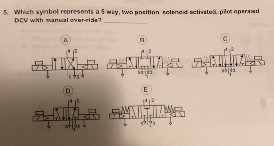 5. Which symbol represents a 5 way, two position, solenoid activated, pilot operated DCV with manual over-ride? 11+3+ HIS BEA