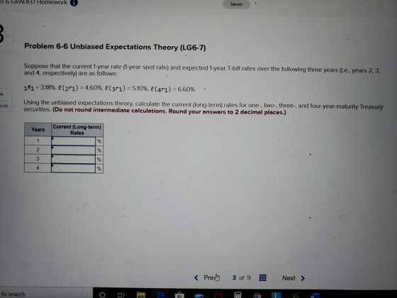 er 6 GRADED Homework Saved Problem 6-6 Unbiased Expectations Theory (LG6-7) Suppose that the current 1-year rate (1-year spot