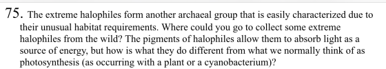75. The extreme halophiles form another archaeal group that is easily characterized due to their unusual habitat requirements