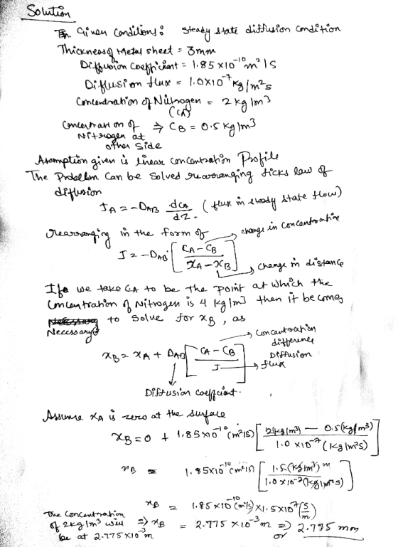 Solution Tin Ginen conditions: Steady state diffusion condition Thickness of Metal sheet = 3mm Diffudion coefficient = 1.85x1