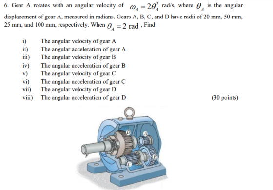 6. Gear A rotates with an angular velocity of 0,= 20 rad/s, where 0, is the angular displacement of gear A, measured in radia