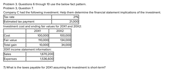Problem 3. Questions 6 through 10 use the below fact pattern. Problem 3, Question 7. Company C had the following investment.