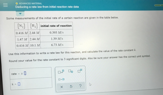 ADVANCED MATERIAL Deducing a rate law from initial reaction rate data Some measurements of the initial rate of a certain reac