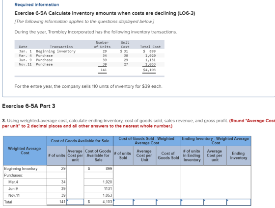Required information Exercise 6-5A Calculate inventory amounts when costs are declining (L06-3) [The following information ap