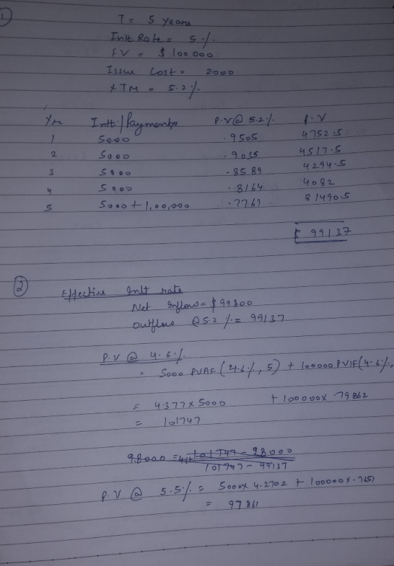 T: 5 years Init Rate Eva $ 100 000 Issue Cost 2000 + TM . 5.2% Intt/ Payments fr Sono sooo sooo sooo Sonot 100,000 pir@ 5.2%