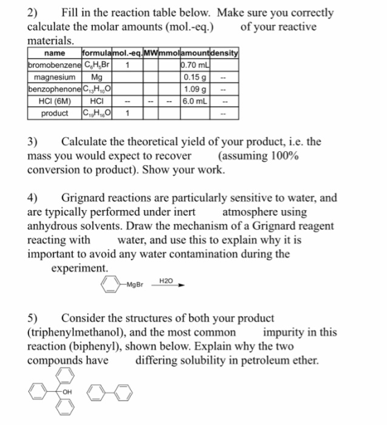 2) Fill in the reaction table below. Make sure you correctly calculate the molar amounts (mol.-eq.) of your reactive material