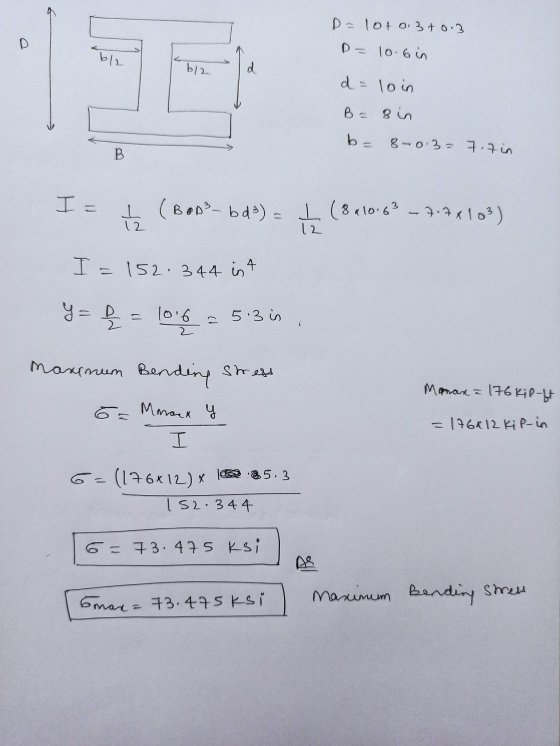 D = loto 3+0.3 D D=10.6 in b12 Бір. d d = loin B = 8 in b= 8-0.3= 7.7in B I= I (BOD²- bd3) I (8 41063 - 7.7*103) 12 12 I = 1