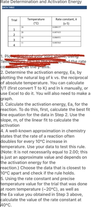 Rate Determination and Activation Energy DATA TABLE Trial Temperature (°C) Rate constant, (S-1) 0.00157 24 0.007435 2 16 3 11