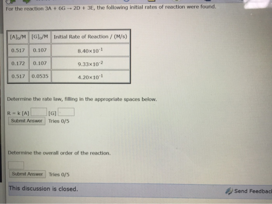 For the reaction 3A + 6G - 2D + 3E, the following initial rates of reaction were found. [A]./M [G]/M Initial Rate of Reaction