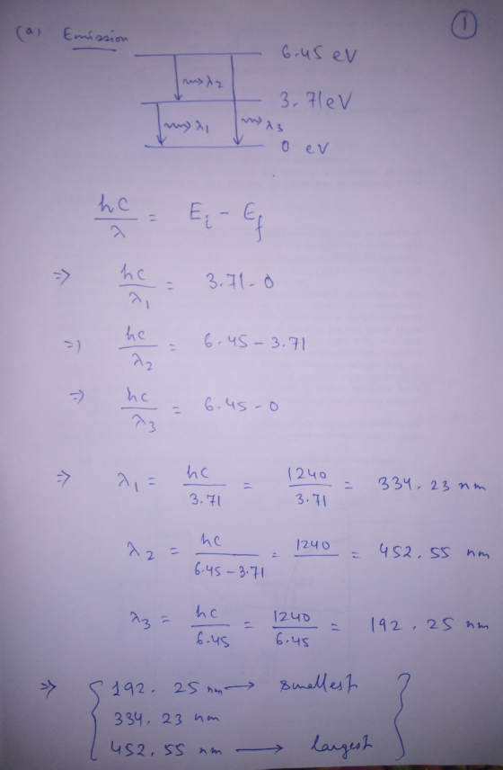 (a) Emission 6. US ev msiz 3.7lev Jungsi 13 o ev ho he 3.71- he 22 = ) =) 6.45-3.71 ho 6.45-0 hc 1240 3.71 - 334, 23 nm 3.71
