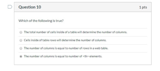 Question 10 1 pts Which of the following is true? O The total number of cells inside of a table will determine the number of