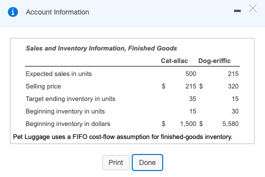 0 Account Information 215 320 Sales and Inventory Information, Finished Goods Cat-allac Dog-eriffic Expected sales in units 5