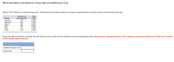 M5-8 Estimating Cost Behavior Using High-Low Method [LO 5-3] Sherris Tan-O-Rama is a local tanning salon. The following info