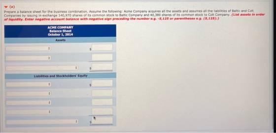 (a) Prepare a balance sheet for the business combination. Assume the following: Acme Company acquires all the assets and assu