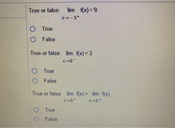 True or false; lim f(x)= 9. X-3+ O True O False True or false: lim f(x) = 3. X-0- O True O False True or false: lim f(x) = li